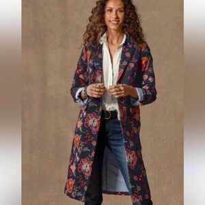 Sundance trench Coat Estelle  Navy Red Floral Jacquard long Lined jacket